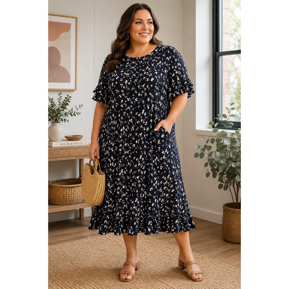 BloomChic Women's 14-16 Navy Abstract Print Ruffle Midi Dress Pockets NWT